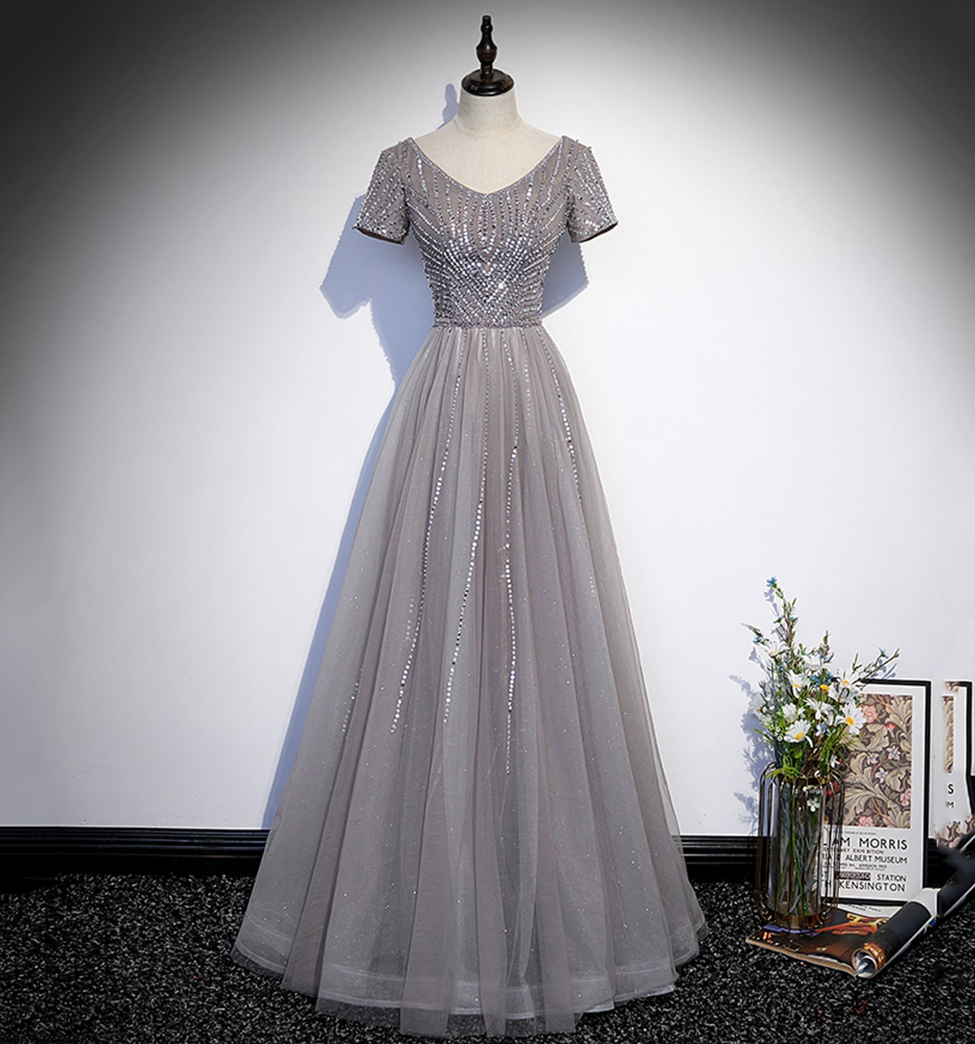Shiny tulle beads long prom dress A line evening gown  10108