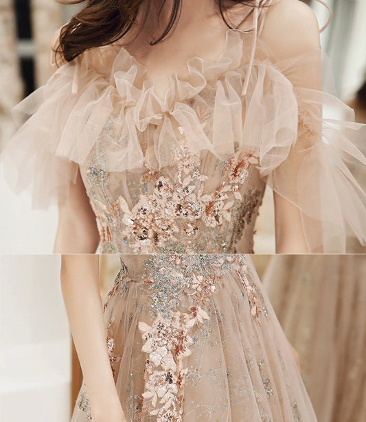 Cute tulle sequins long A line prom dress evening dress  8919