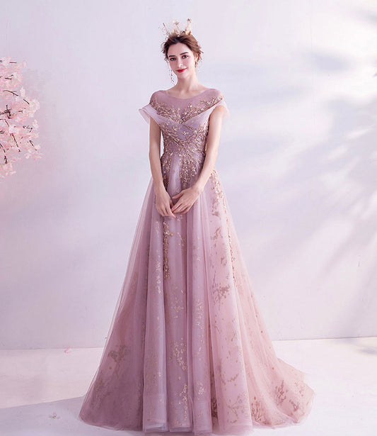 Pink tulle sequins long A line prom dress evening dress  8921