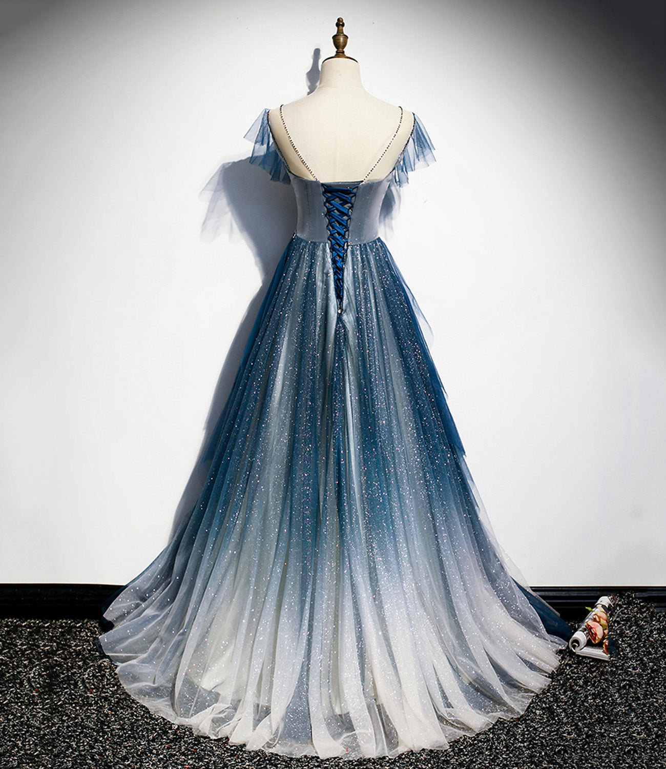 Blue tulle sequins long prom dress blue evening dress  10228