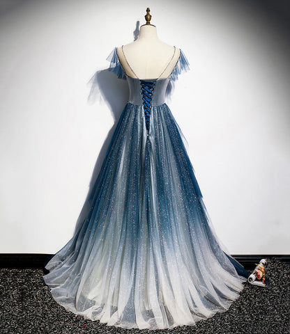 Blue tulle sequins long prom dress blue evening dress  10228