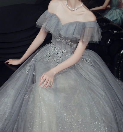 Gray tulle lace long prom dress evening dress  8436
