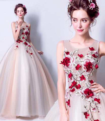 Elegant tulle applique long A line prom dress evening dress  8802