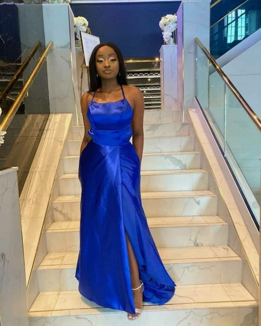 Vestido de fiesta azul real de satén, vestido de noche sin espalda con aberturas