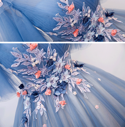 Blue v neck tulle lace long prom dress formal gown  8214