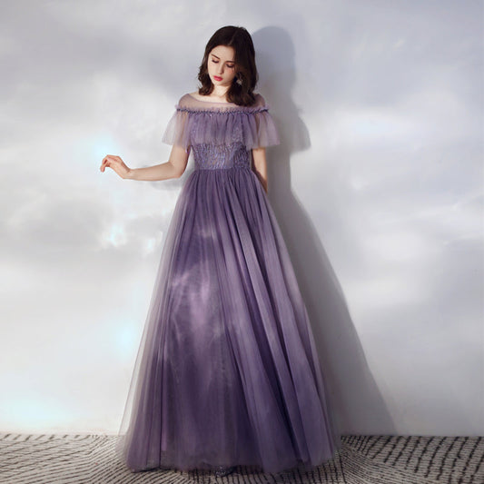 Purple tulle long a line prom dress  8166