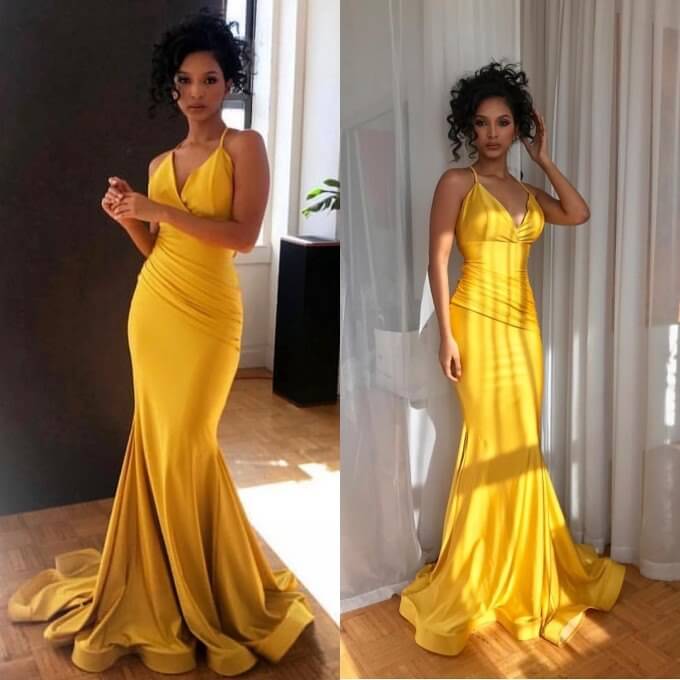 Vestido de fiesta amarillo con escote en V, vestido de noche de sirena sexy, vestidos largos de sirena