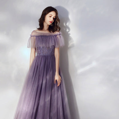 Purple tulle long a line prom dress  8166