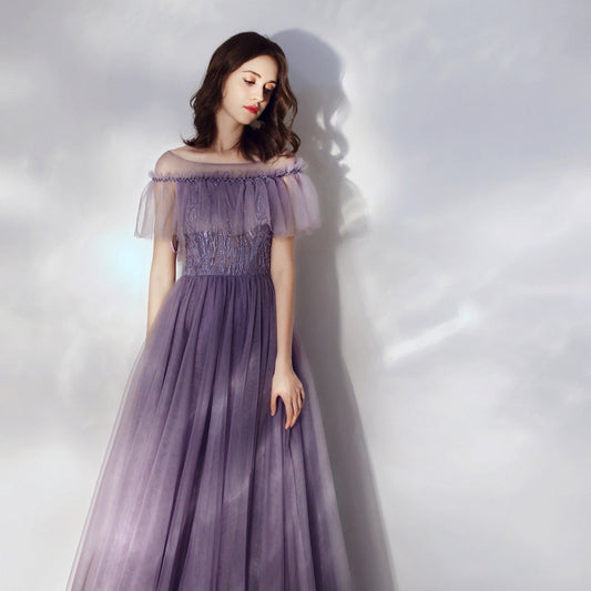 Purple tulle long a line prom dress  8166