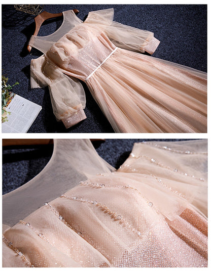 Pink tulle sequins long prom dress  8348