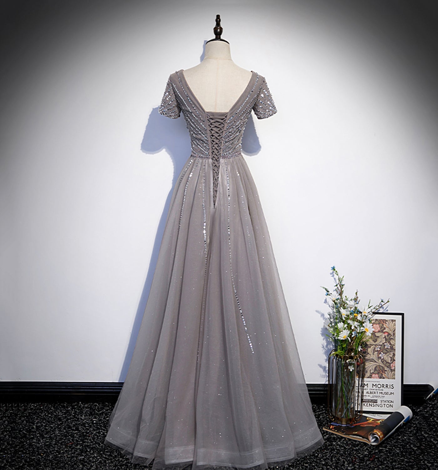 Shiny tulle beads long prom dress A line evening gown  10108