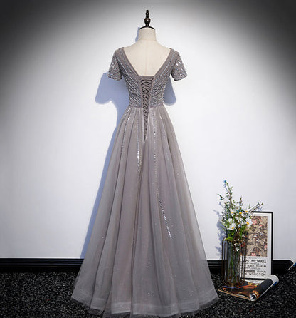 Shiny tulle beads long prom dress A line evening gown  10108