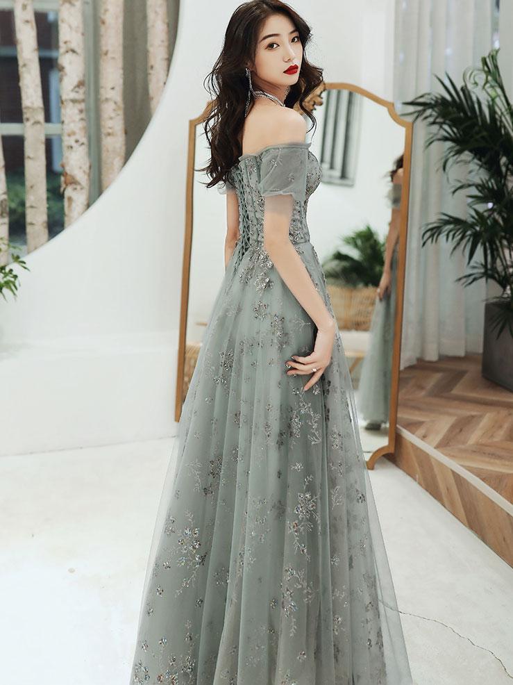 Gray tulle sequins long prom dress A line evening gown  10125