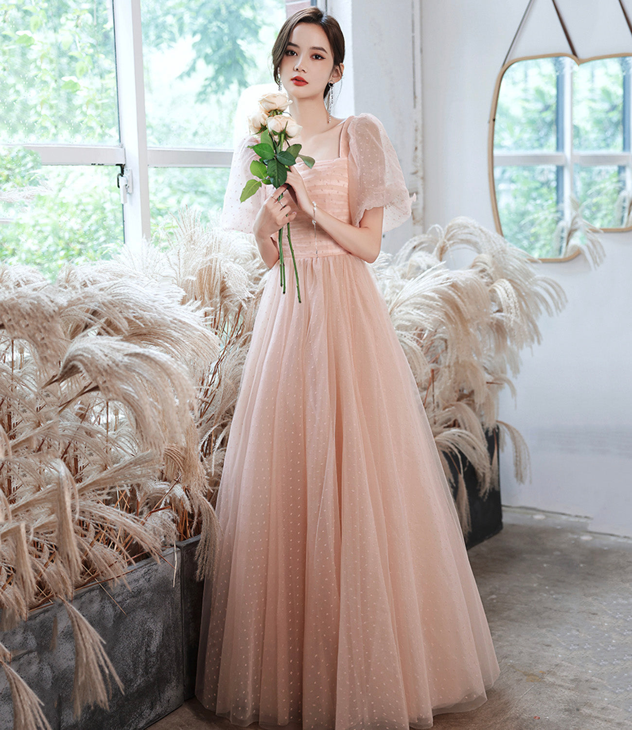 Pink tulle long A line prom dress pink evening gown  8943