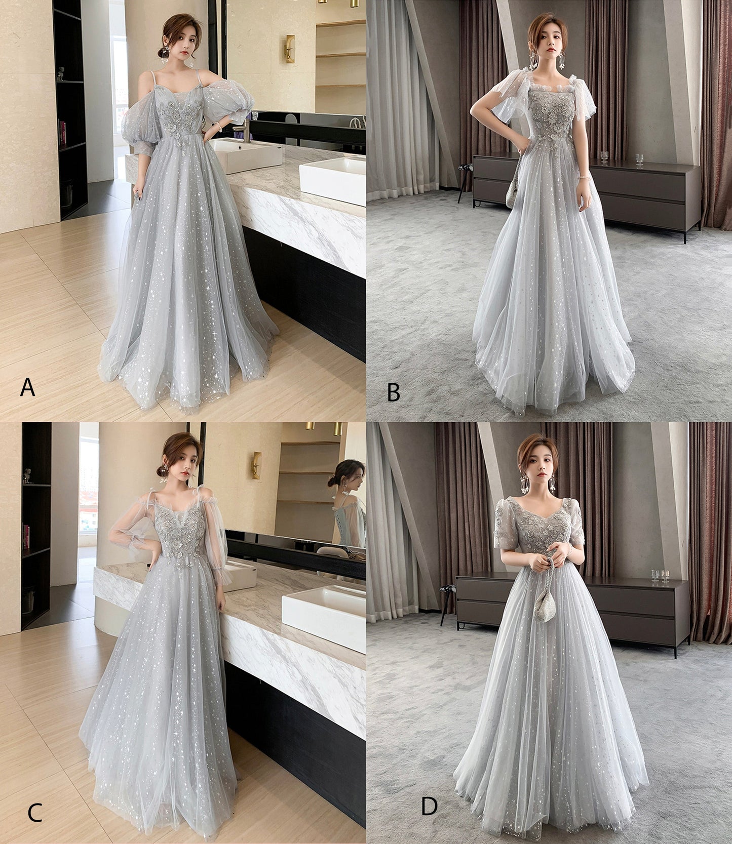 Gray tulle lace long prom dress evening dress  8945