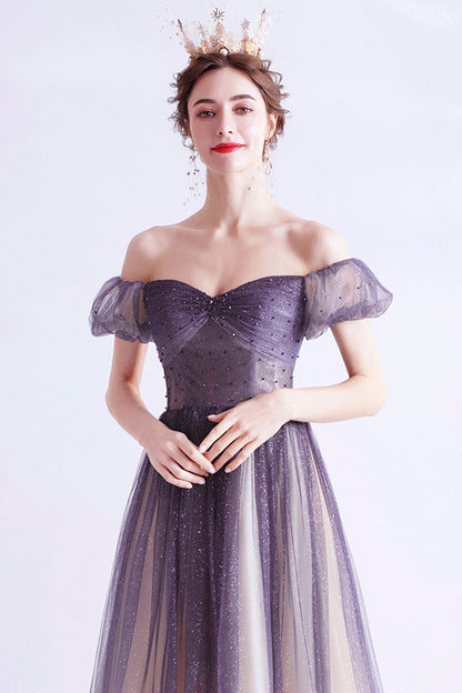 Purple tulle long A line prom dress evening dress  8771