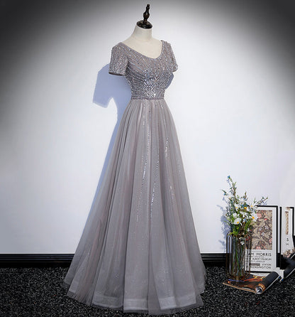 Shiny tulle beads long prom dress A line evening gown  10108