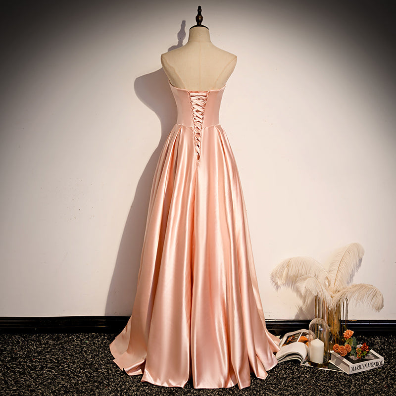 Pink Simple Elegant A-line Long Satin Ball Gown Evening Gown Bridesmaid Dress 8984