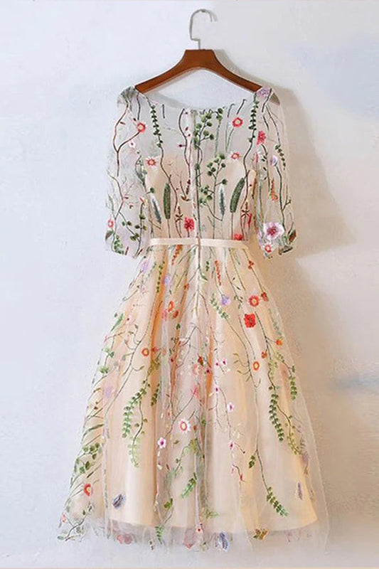 A Line Half Sleeves Floral Embroidery Homecoming Dress, Knee-Length Party Gown GM607