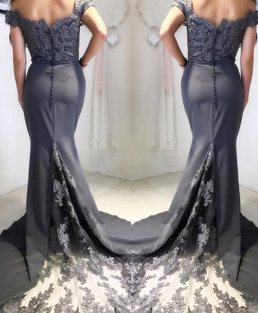 Off The Shoulder Satin Lace Prom Dresses, Grey Long Bridesmaid Dresses GB203
