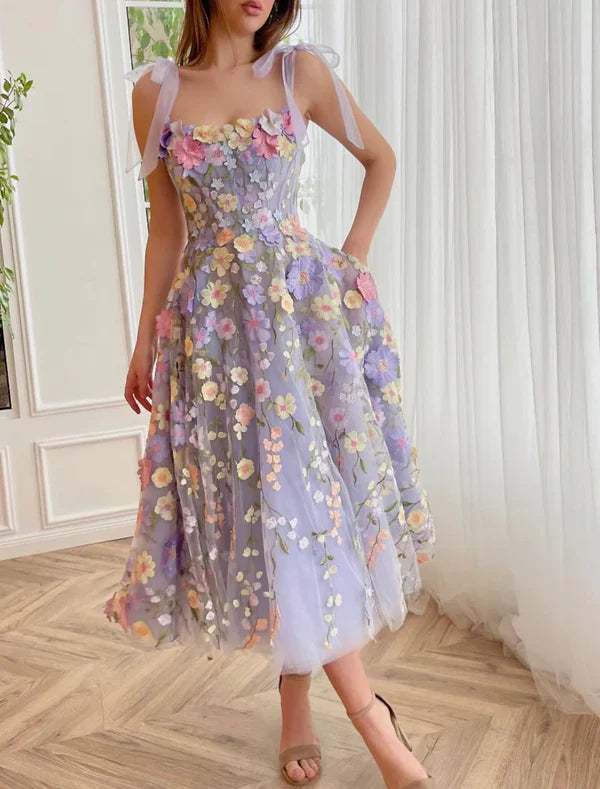 Elegant A-Line Corsets Dress Wedding Guest Summer Tea Length Sleeveless Prom Dress Scoop Neck Bridesmaid Dress Tulle with Appliques DP251