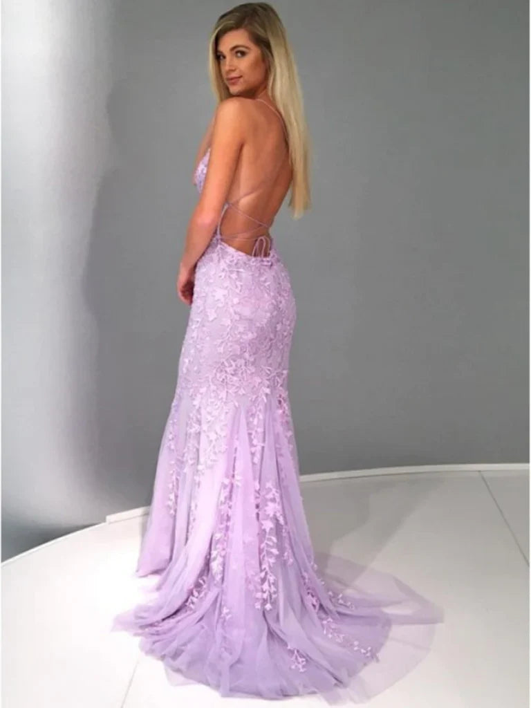 Vestido de fiesta de sirena con tirantes finos, encaje, espalda descubierta y apliques, color lavanda, vestido formal de noche de sirena con encaje morado TP17