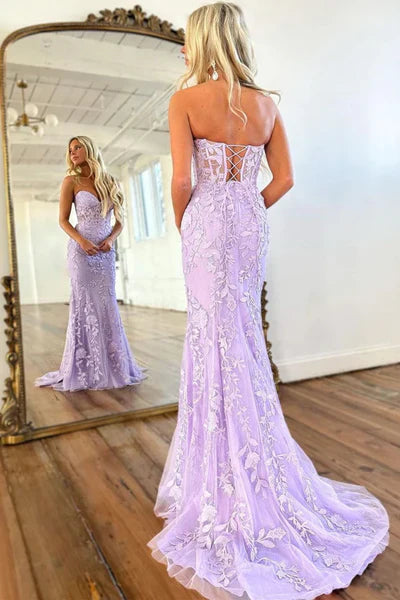 Vestido de fiesta largo de sirena sin tirantes con encaje morado, vestido formal de encaje morado, vestido de noche largo morado TP15