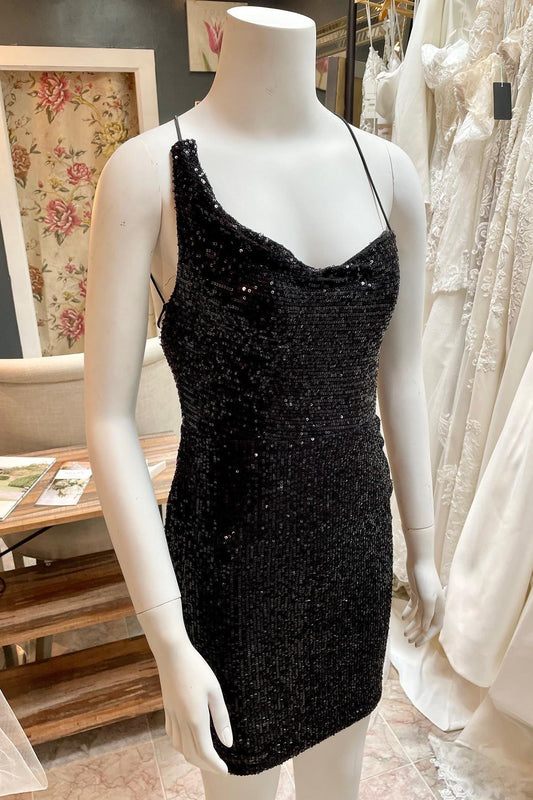 Vestido corto asimétrico de lentejuelas negras con cordones para el regreso a casa, vestidos de cóctel cortos formales