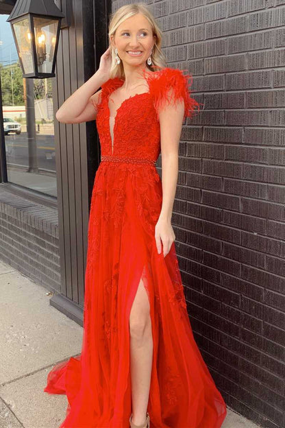 Charming A-Line Red Feathers Long Prom Dresses, Appliques Beaded Party Dress GP427