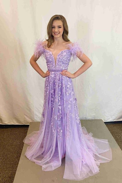 Charming A-Line Red Feathers Long Prom Dresses, Appliques Beaded Party Dress GP427