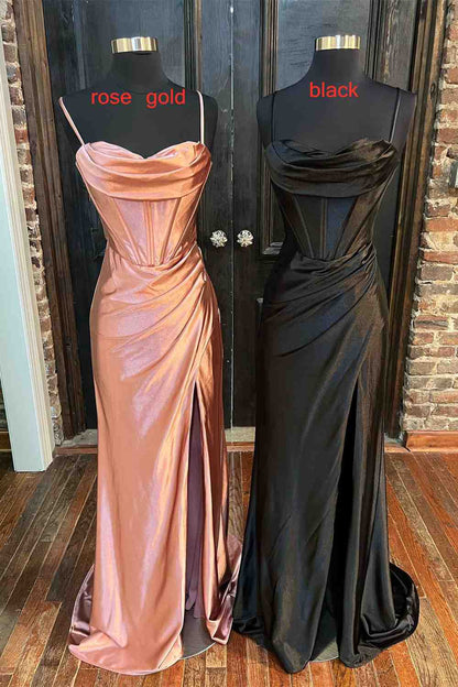 Vestido de fiesta largo fruncido con cuello vuelto y cordones en color burdeos, vestidos de fiesta negros