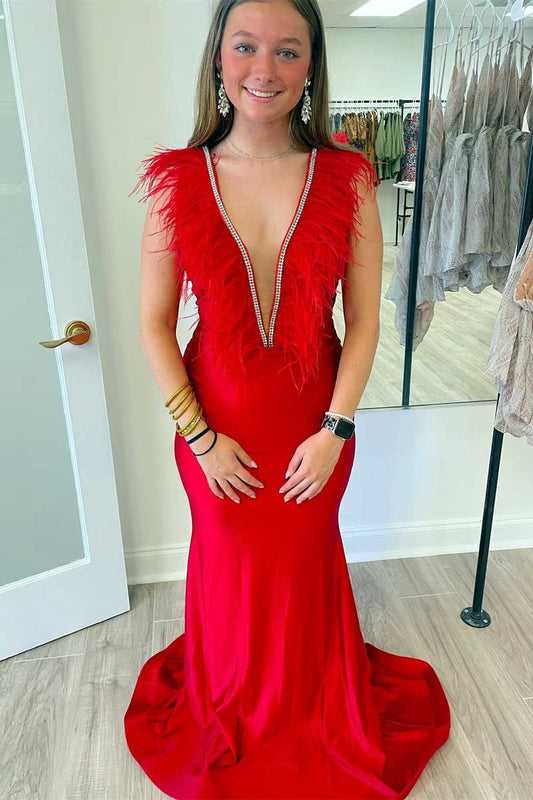Vestido de fiesta largo de sirena con escote en V pronunciado y plumas rojas, elegante vestido de noche.