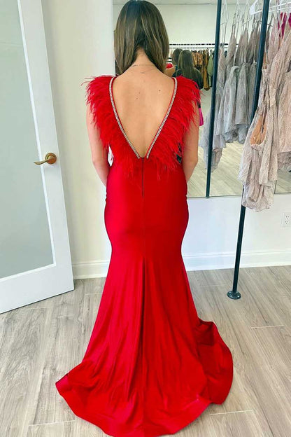 Vestido de fiesta largo de sirena con escote en V pronunciado y plumas rojas, elegante vestido de noche.