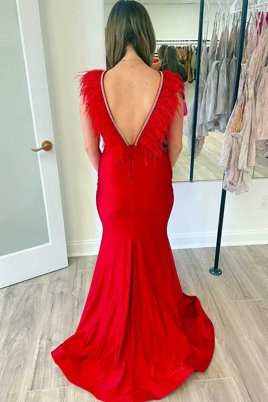 Vestido de fiesta largo de sirena con escote en V pronunciado y plumas rojas, elegante vestido de noche.