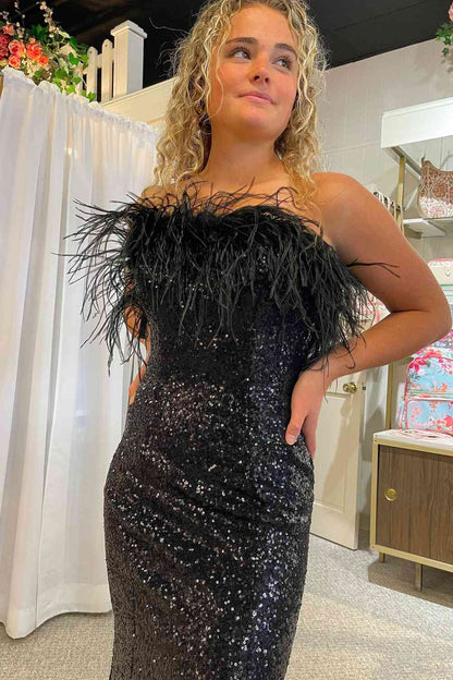 Vestido de fiesta largo negro sin tirantes con plumas y abertura, vestidos formales negros de invierno