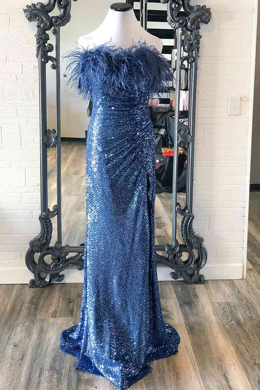 Sequins Blue Strapless Feather Long Formal Dress with Slit, Sparkly Slit Evening Gown GP421