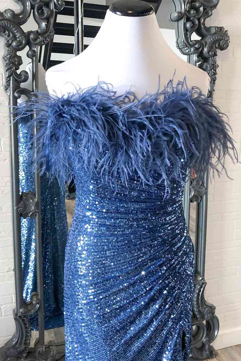 Sequins Blue Strapless Feather Long Formal Dress with Slit, Sparkly Slit Evening Gown GP421