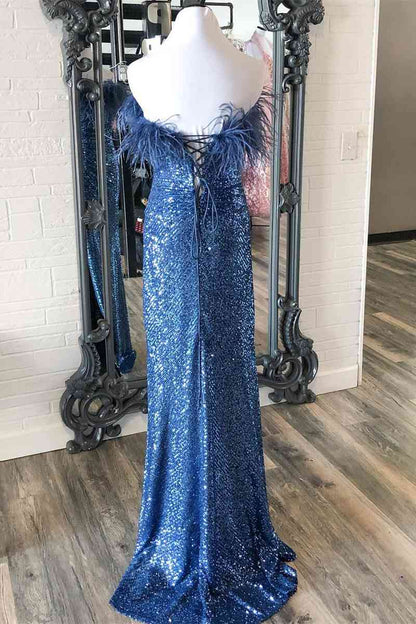 Sequins Blue Strapless Feather Long Formal Dress with Slit, Sparkly Slit Evening Gown GP421