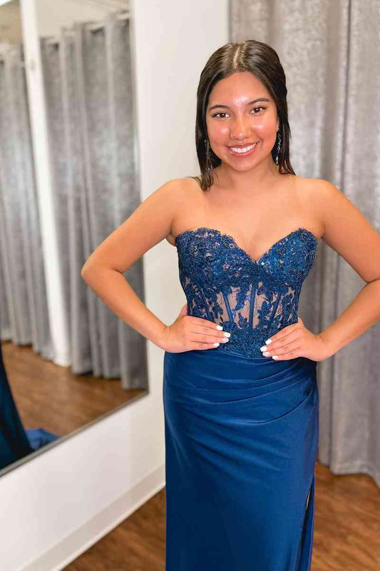 Sweetheart Blue Lace Top Pleated Long Prom Dress with Slit