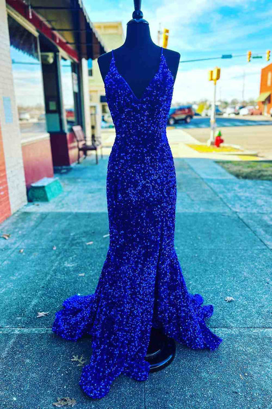 Vestido de fiesta largo con tirantes, sirena, lentejuelas azul real y abertura
