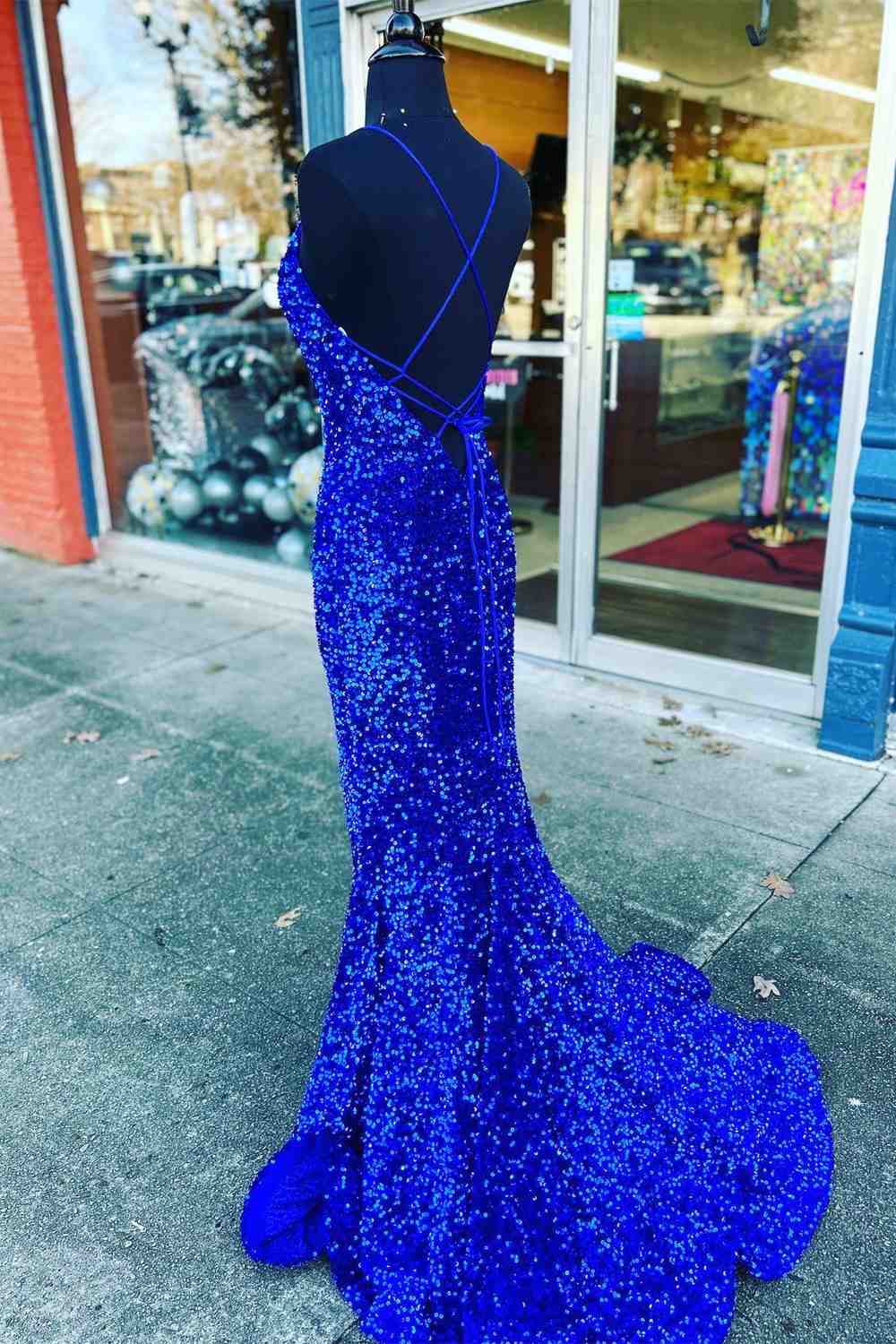 Vestido de fiesta largo con tirantes, sirena, lentejuelas azul real y abertura