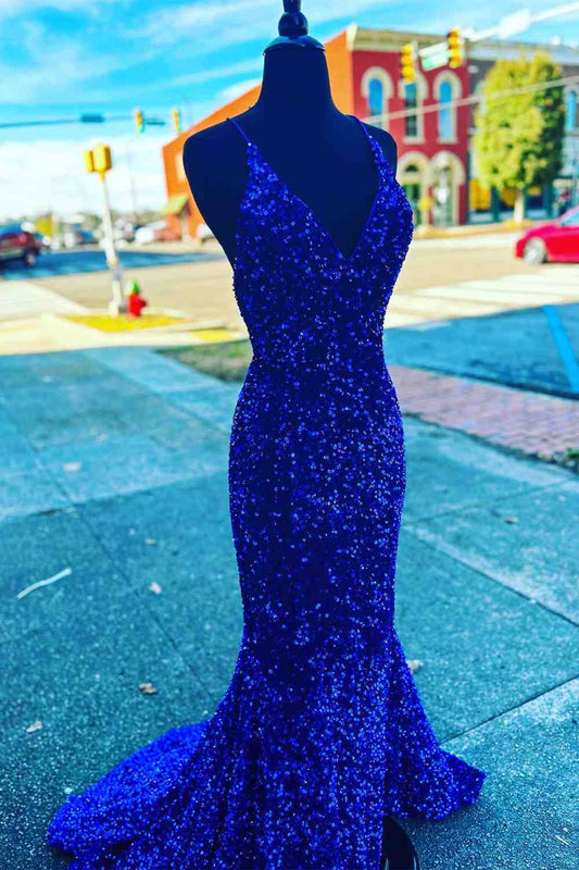 Vestido de fiesta largo con tirantes, sirena, lentejuelas azul real y abertura