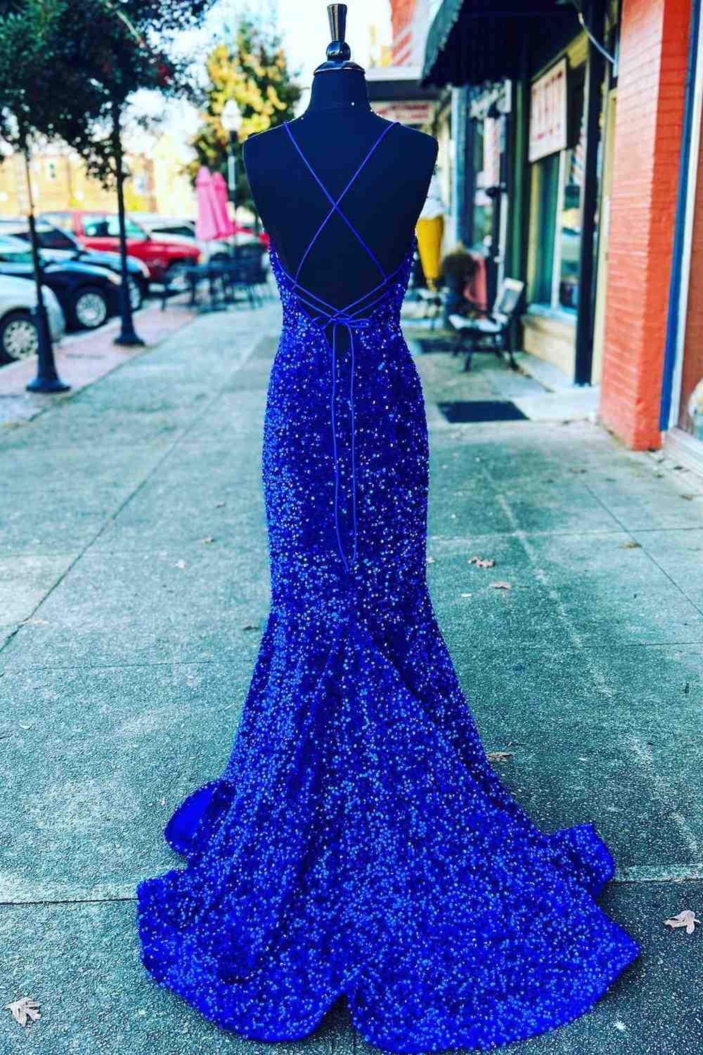 Vestido de fiesta largo con tirantes, sirena, lentejuelas azul real y abertura
