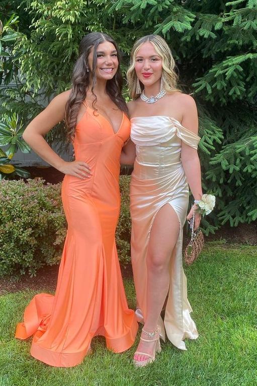 Orange Satin Mermaid Prom Dress Back Open Long