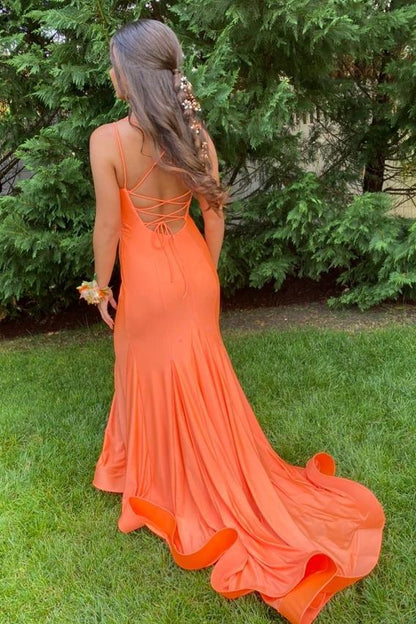 Orange Satin Mermaid Prom Dress Back Open Long
