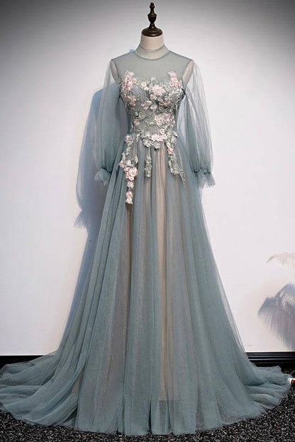 Vestido de fiesta de tul con mangas largas y corte A con flores, vestido de noche largo único con apliques