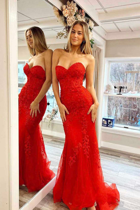 Mermaid Strapless Lace Long Prom Dress, Red Evening Party Dress