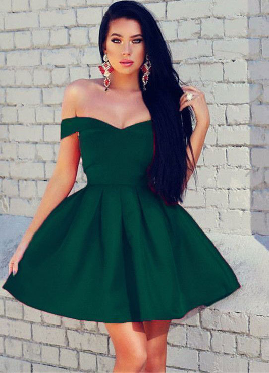 Short Satin Off Shoulder emerald green Homecoming Dress MY1298