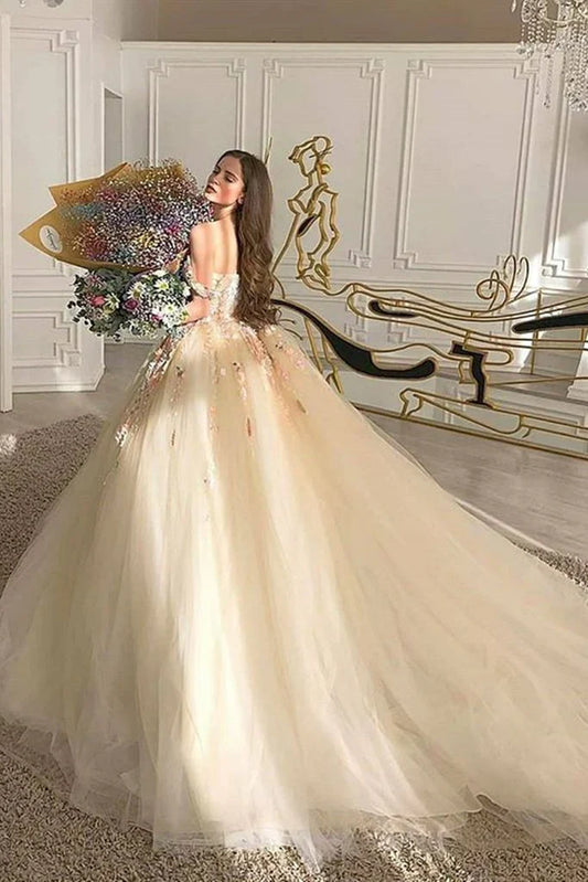 Champagne color gorgeous off shoulder exquisite lace floral applique long elegant ball gown formal evening dress prom dress gh3452
