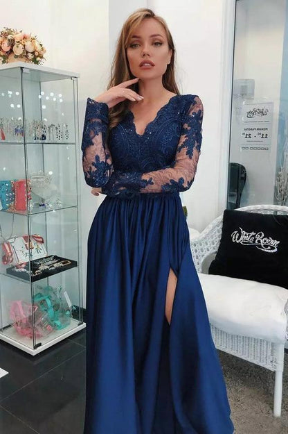 Vestido de fiesta de manga larga color granate con escote en V y encaje, vestido de banquete con abertura